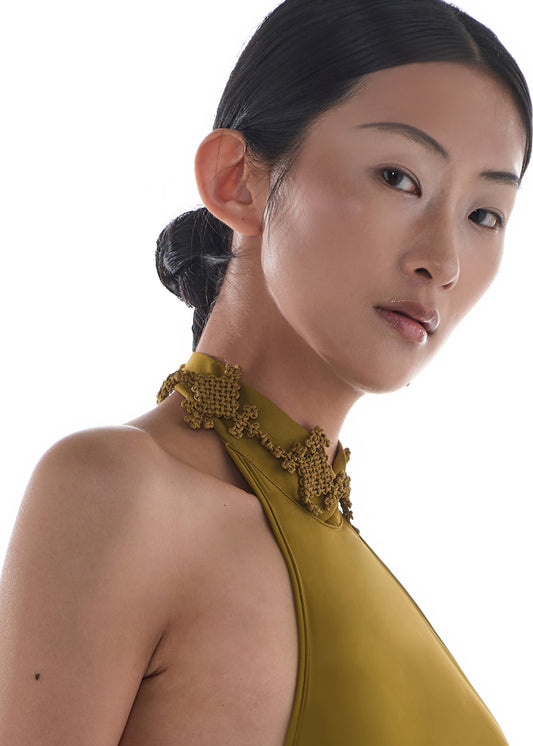 JIFF CONTOUR Golden Jade Collection Hand-Knotted Natural Xiuyan Gold Jade Statement Necklace