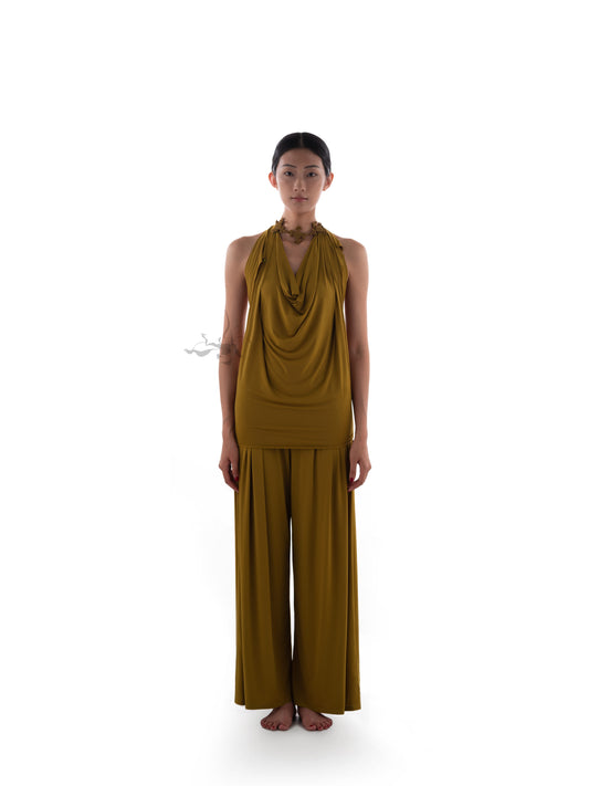 JIFF CONTOUR Golden Jade Collection Draped Wide-Leg Trousers with Pleated Detail
