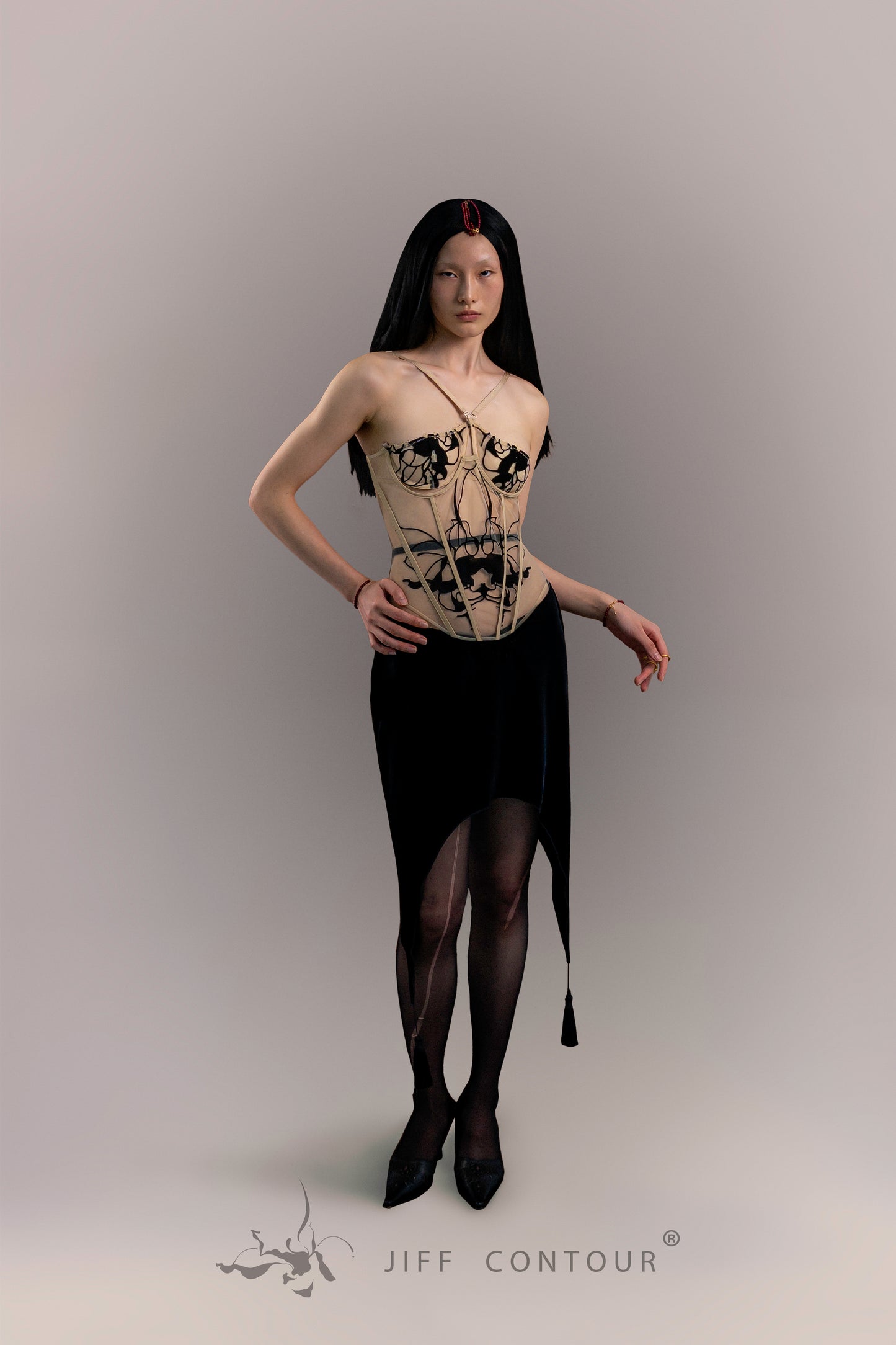 JIFF CONTOUR Black Orchid Collection Women's Underbust Stainles-steel-boned Mesh Corset