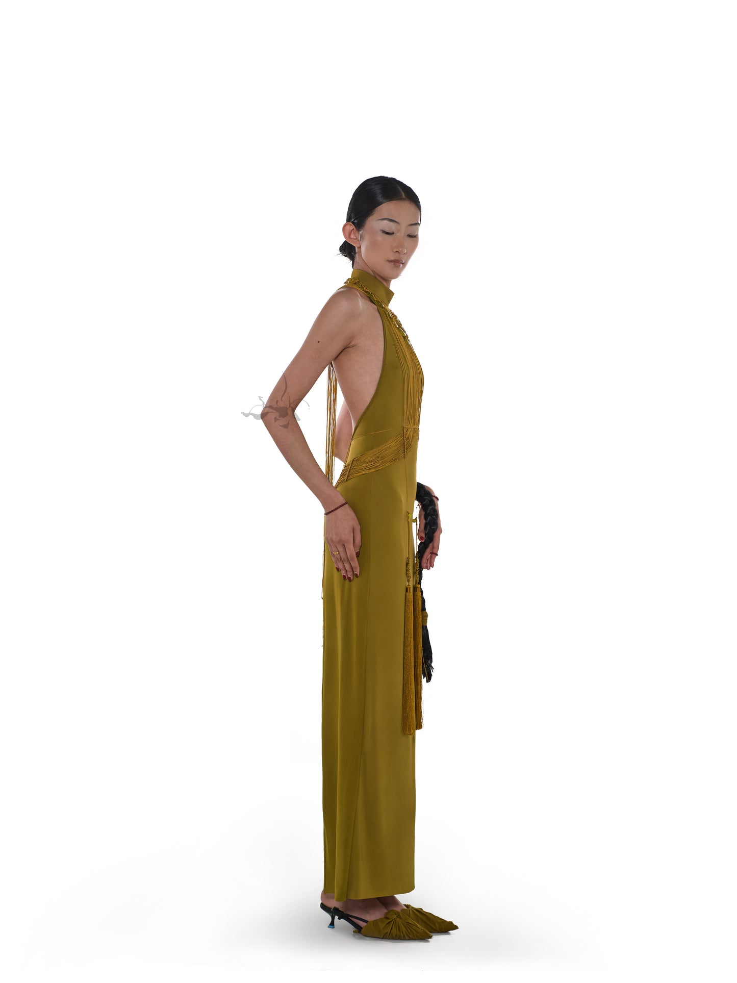 JIFF CONTOUR Golden Jade Collection Halter Neck Natural Xiuyan Gold Jade Beaded Necklace Fringe Body Chain