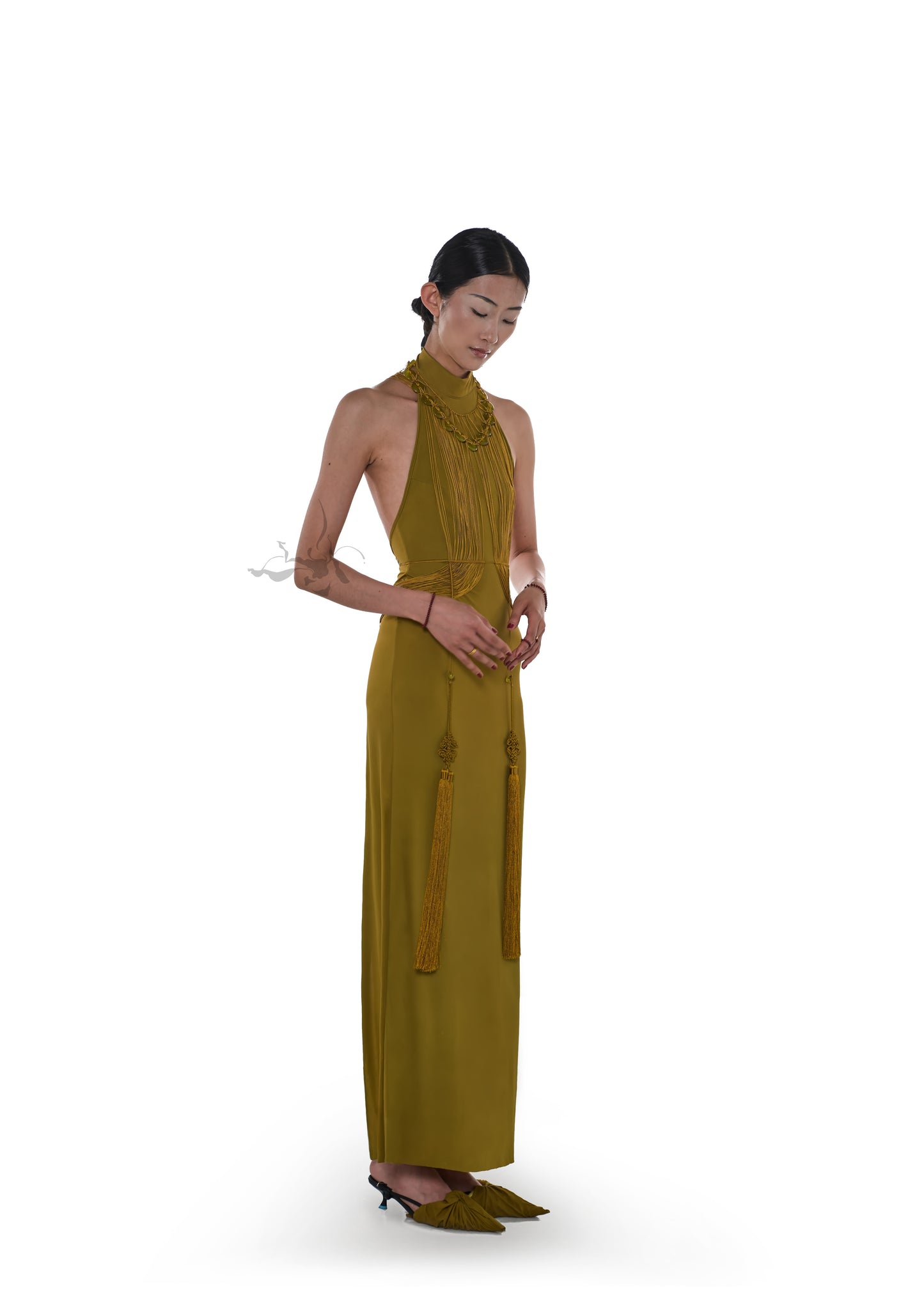JIFF CONTOUR Golden Jade Collection Halter Neck Natural Xiuyan Gold Jade Beaded Necklace Fringe Body Chain