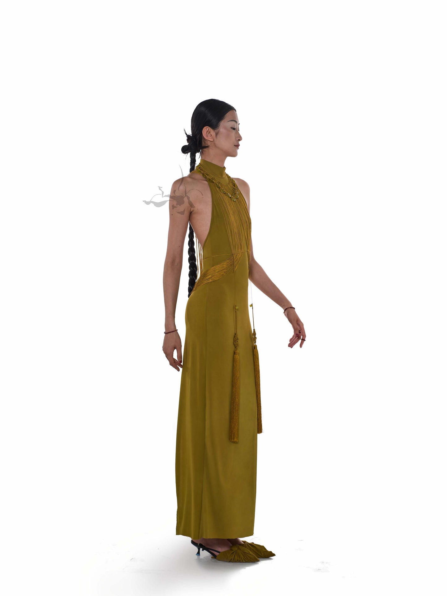 JIFF CONTOUR Golden Jade Collection Halter Neck Natural Xiuyan Gold Jade Beaded Necklace Fringe Body Chain