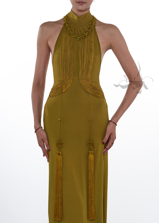 JIFF CONTOUR Golden Jade Collection Halter Neck Natural Xiuyan Gold Jade Beaded Necklace Fringe Body Chain