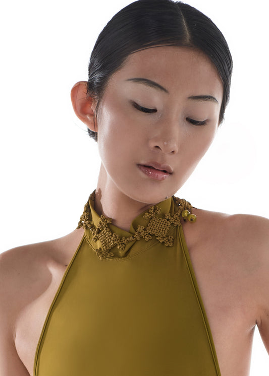 JIFF CONTOUR Golden Jade Collection Hand-Knotted Natural Xiuyan Gold Jade Statement Necklace