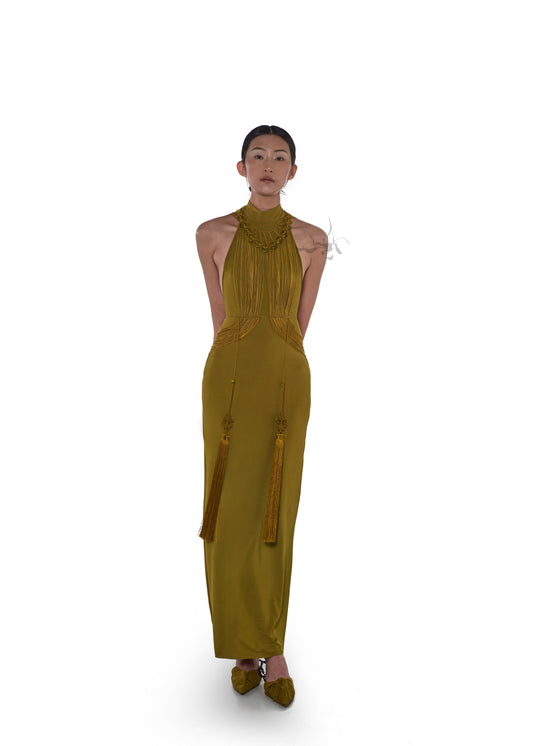 JIFF CONTOUR Golden Jade Collection Halter Neck Natural Xiuyan Gold Jade Beaded Necklace Fringe Body Chain