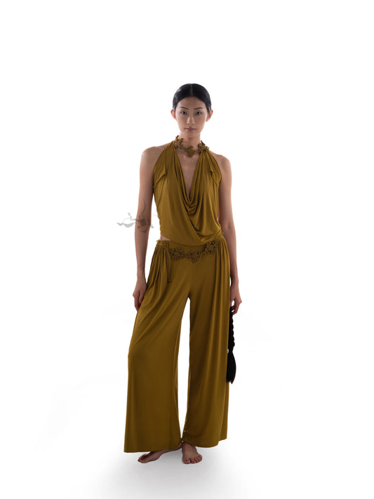 JIFF CONTOUR Golden Jade Collection  Draped Wide-Leg Trousers with Pleated Detail