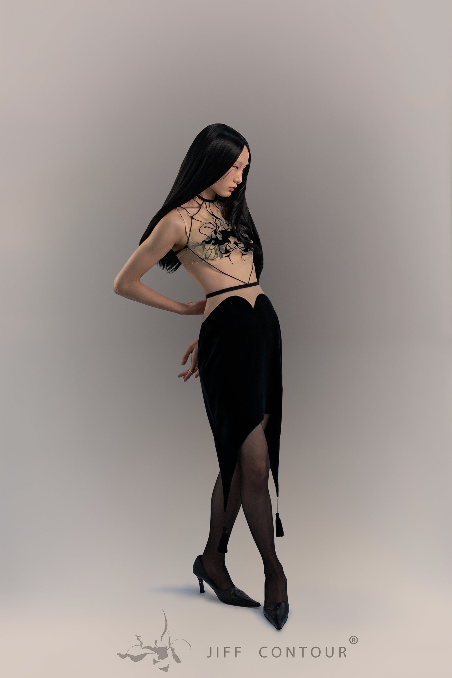 JIFF CONTOUR Black Orchid Collection Skirt with Tassel Decoration Patel Cut