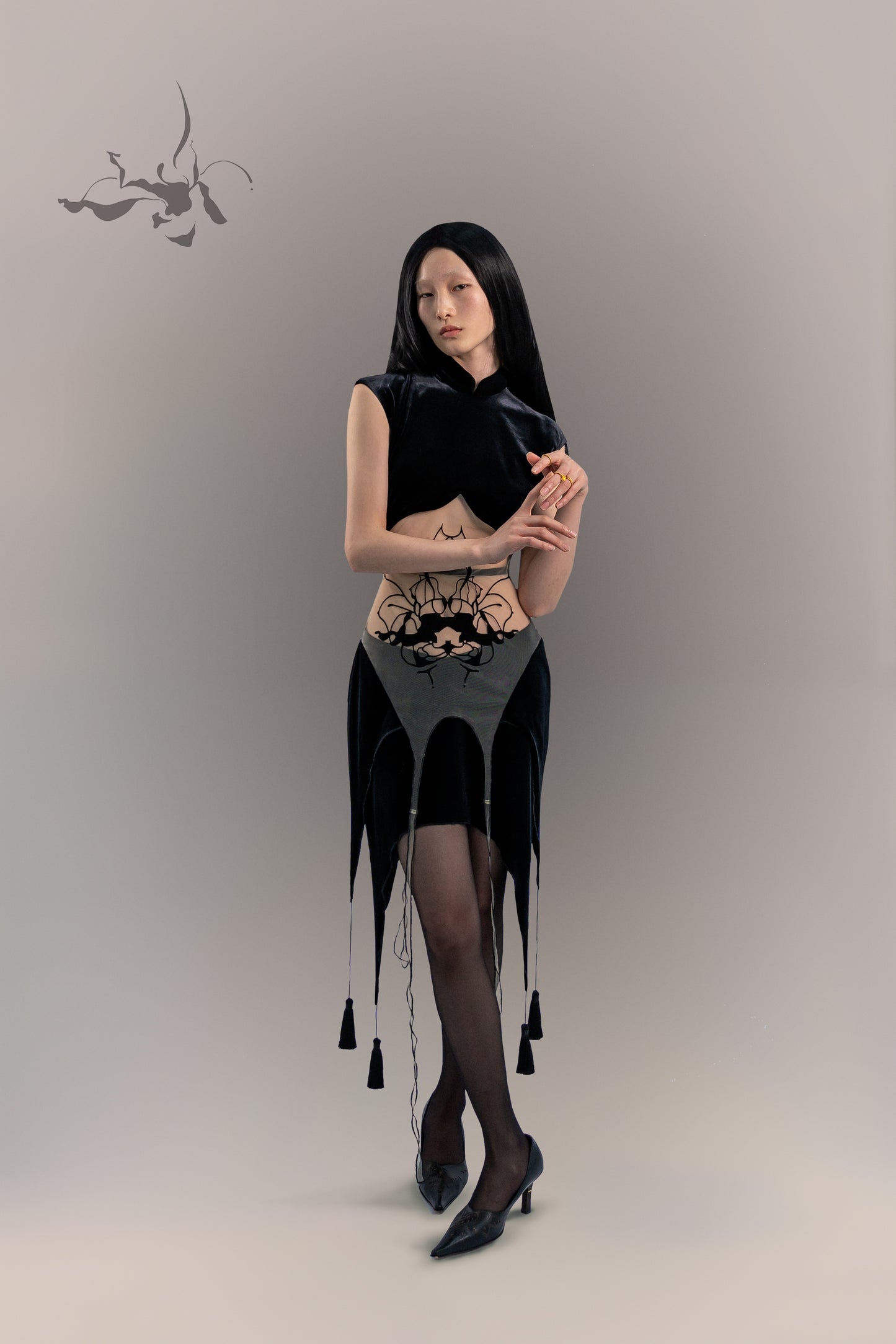 JIFF CONTOUR Black Orchid Collection Cheongsam Top with Tassel Decoration Patel Cut