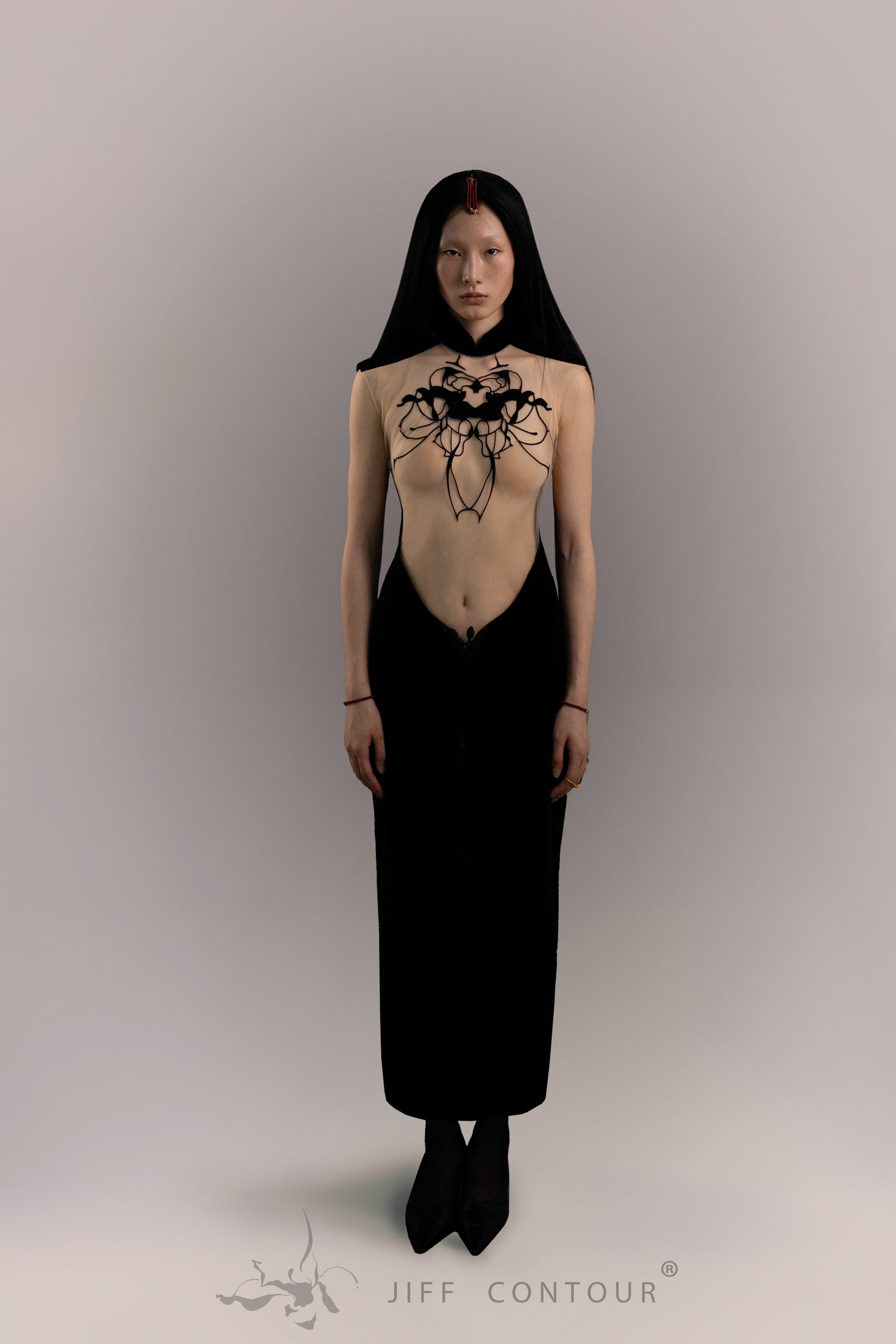 JIFF CONTOUR Black Orchid Collection Tassel Classic Cheongsam Long Dress