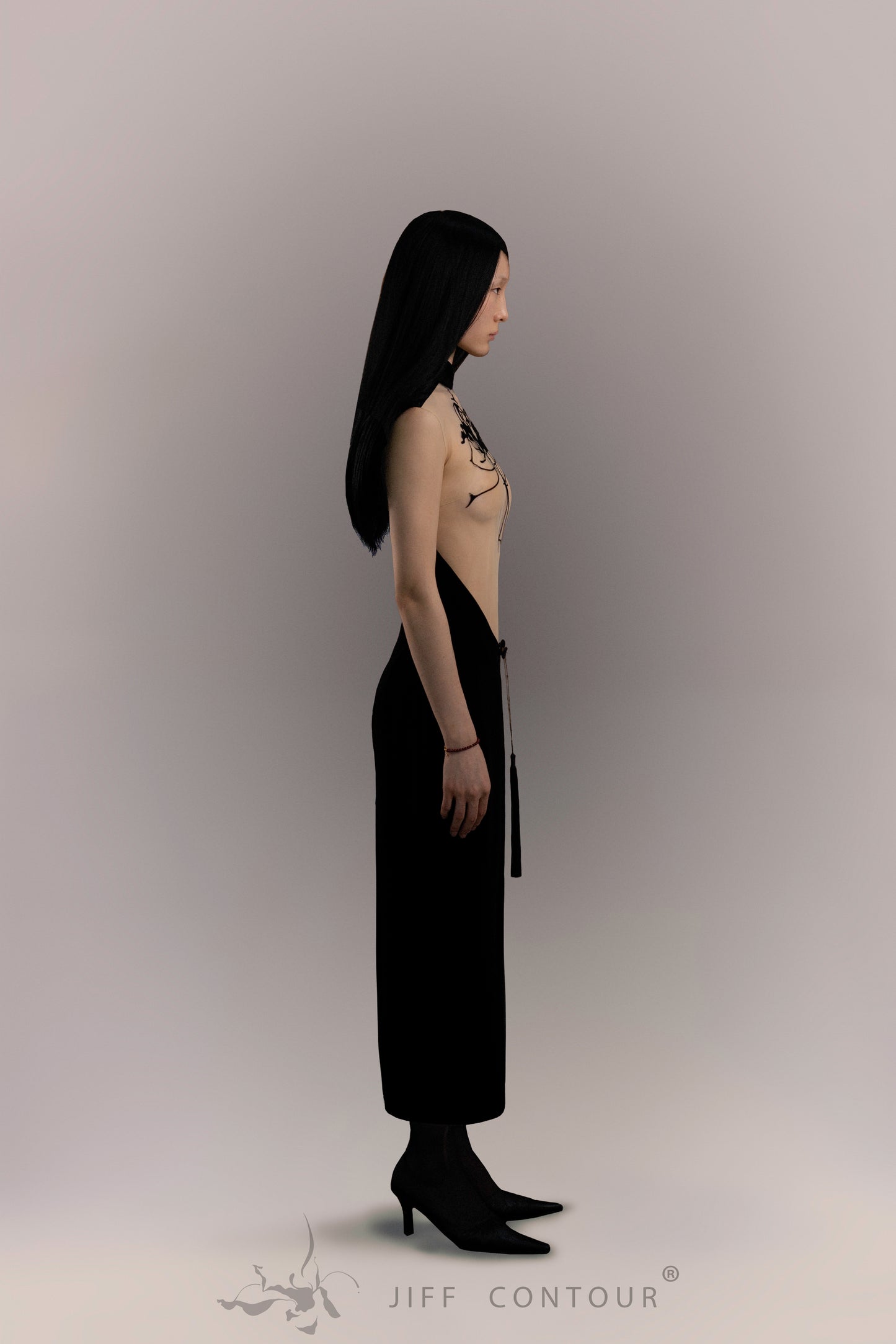 JIFF CONTOUR Black Orchid Collection Tassel Classic Cheongsam Long Dress