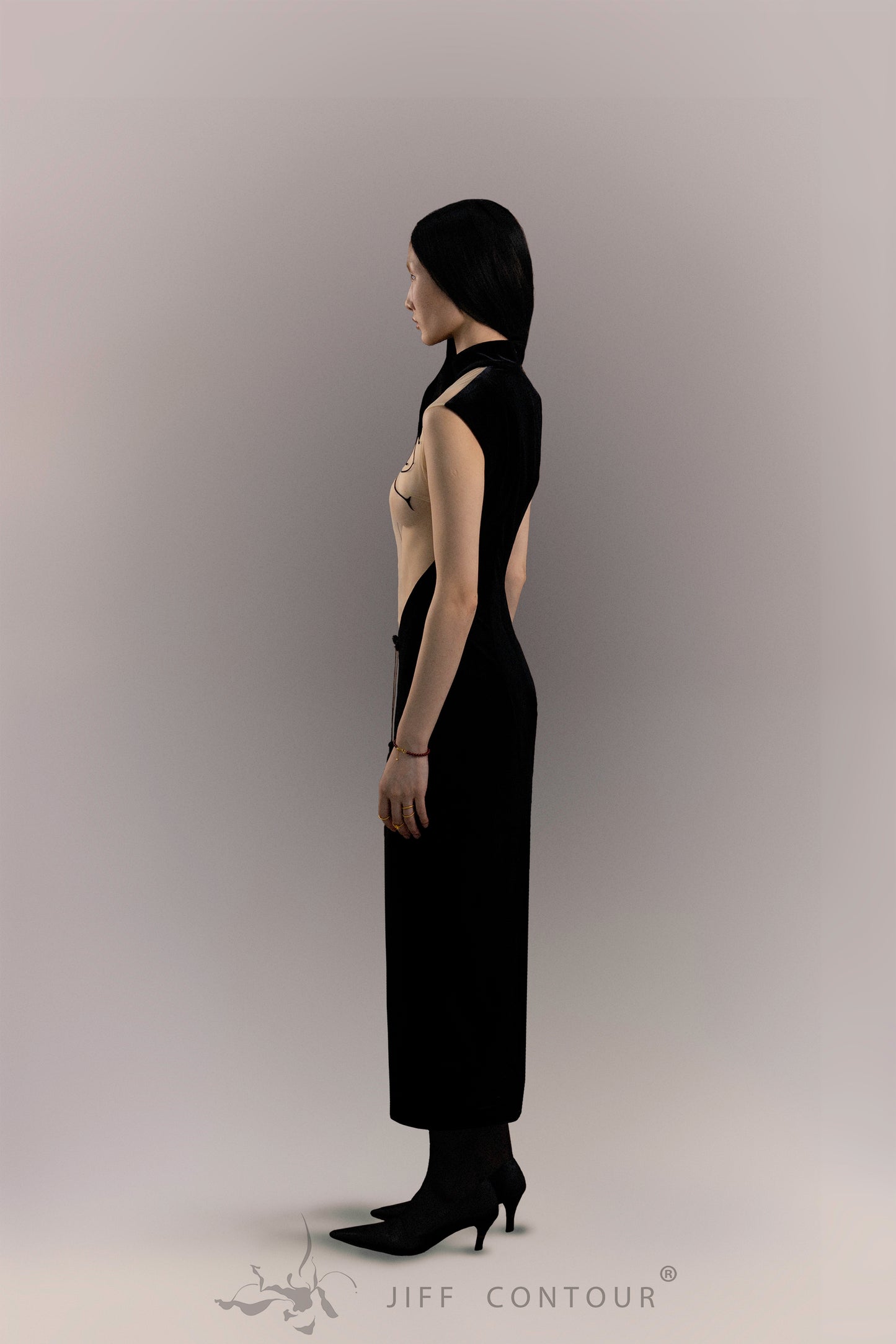JIFF CONTOUR Black Orchid Collection Tassel Classic Cheongsam Long Dress