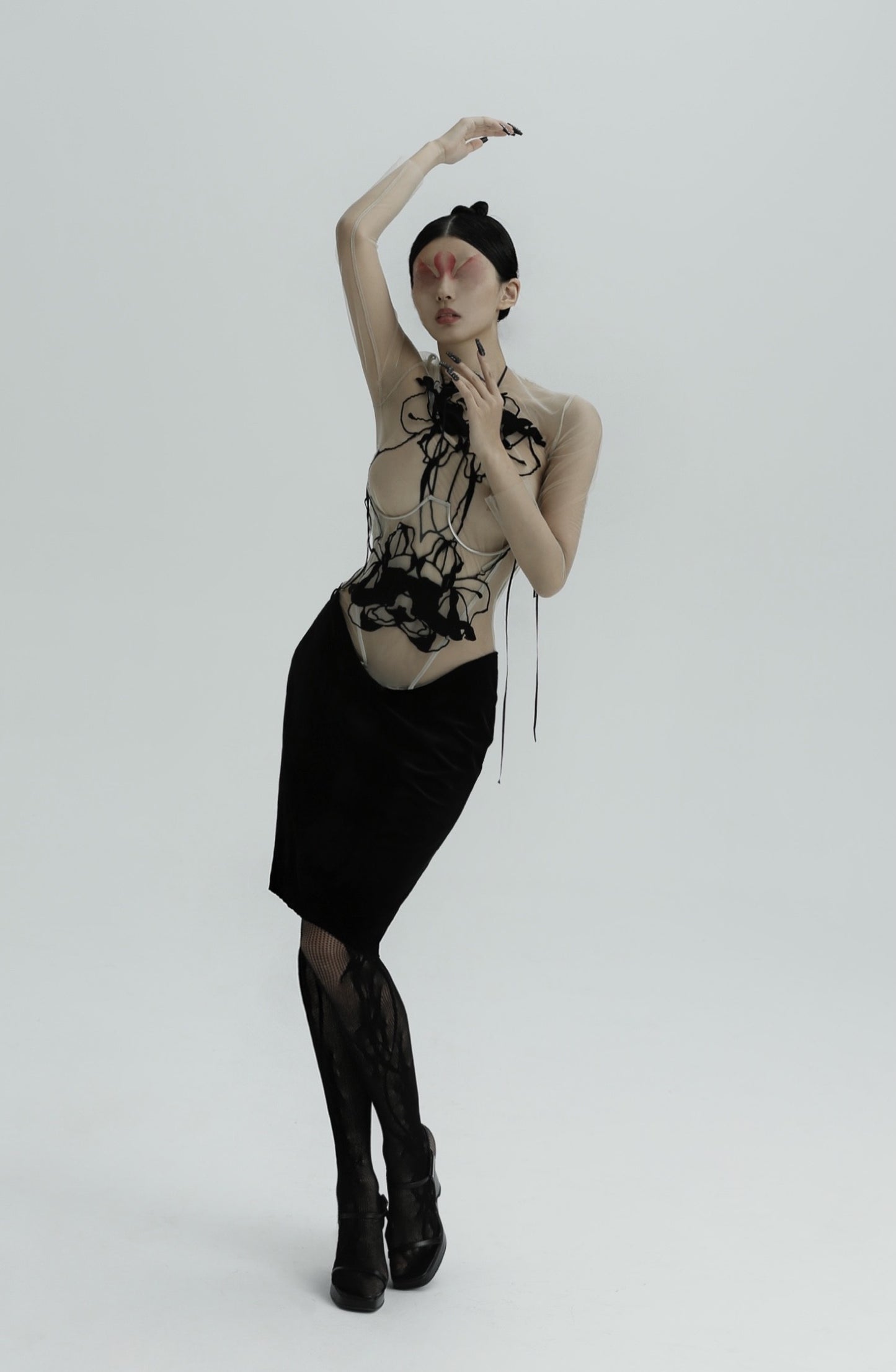 JIFF CONTOUR Black Orchid Collection Women's Longs Sleeved Transparent Velvet Floral Bottoming Bodysuit